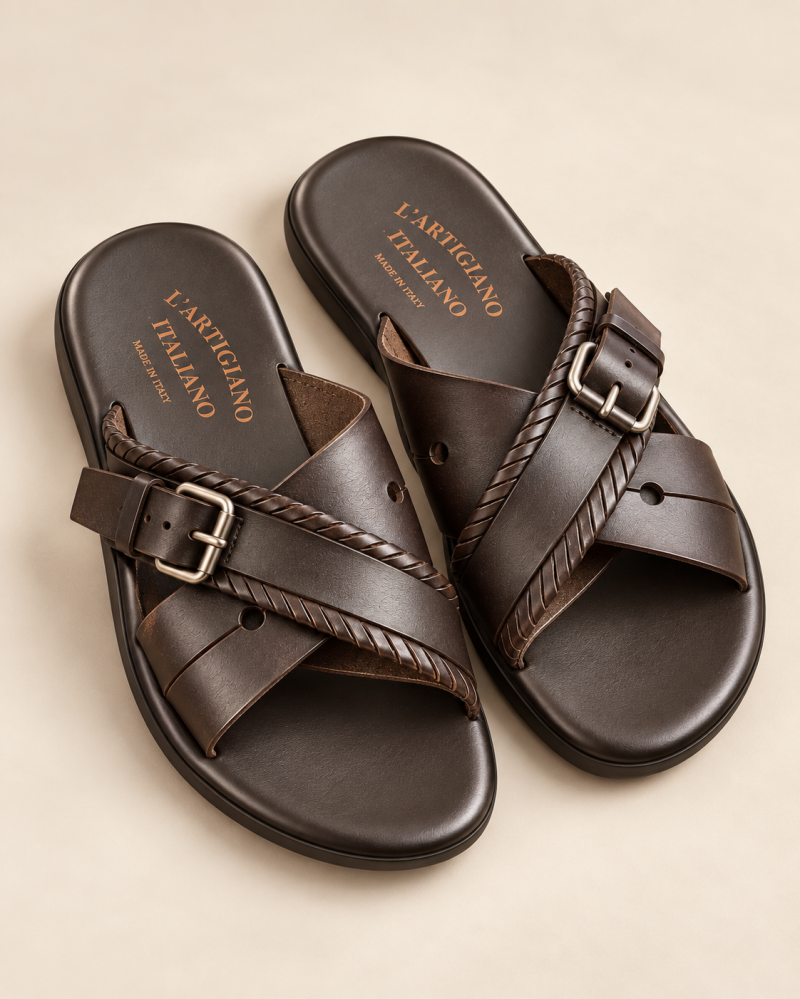 L’Artigiano Italiano Brown Leather Cross-Strap Sandals