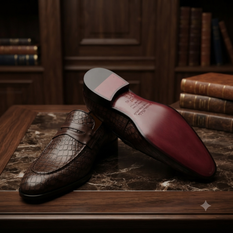 Andrea Nobile Brown Croc-Embossed Penny Loafers