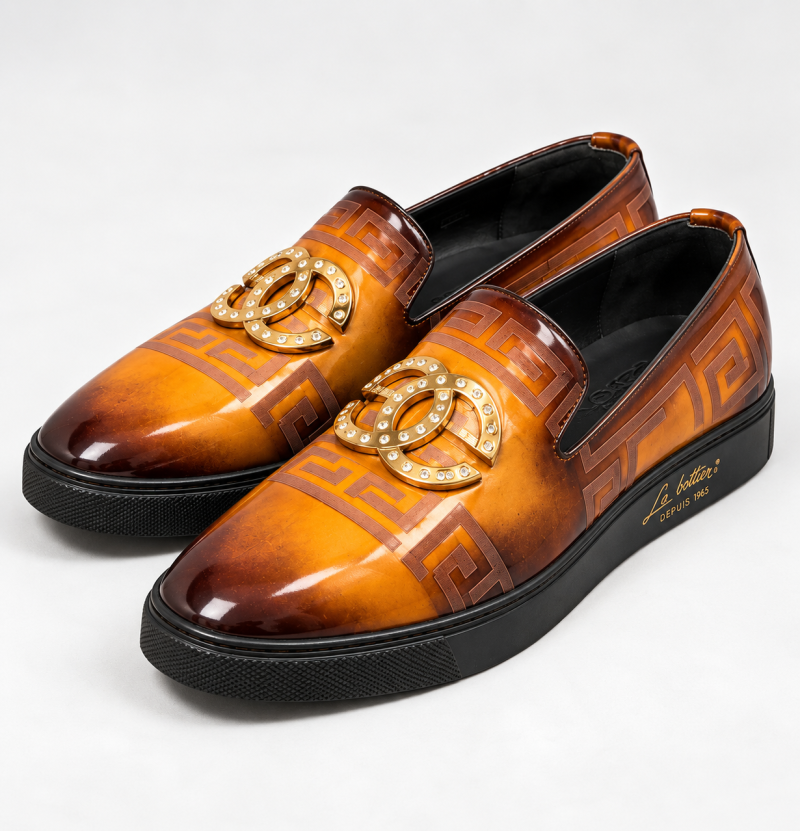 Le Bottier Depuis 1965 Brown Greek-Key Embellished Leather Loafers