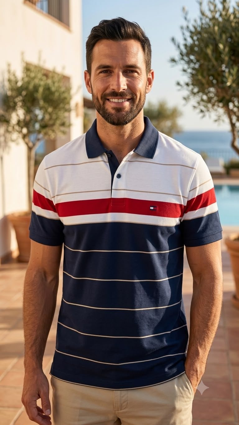 Memo's Navy, White & Red Striped Polo Shirt