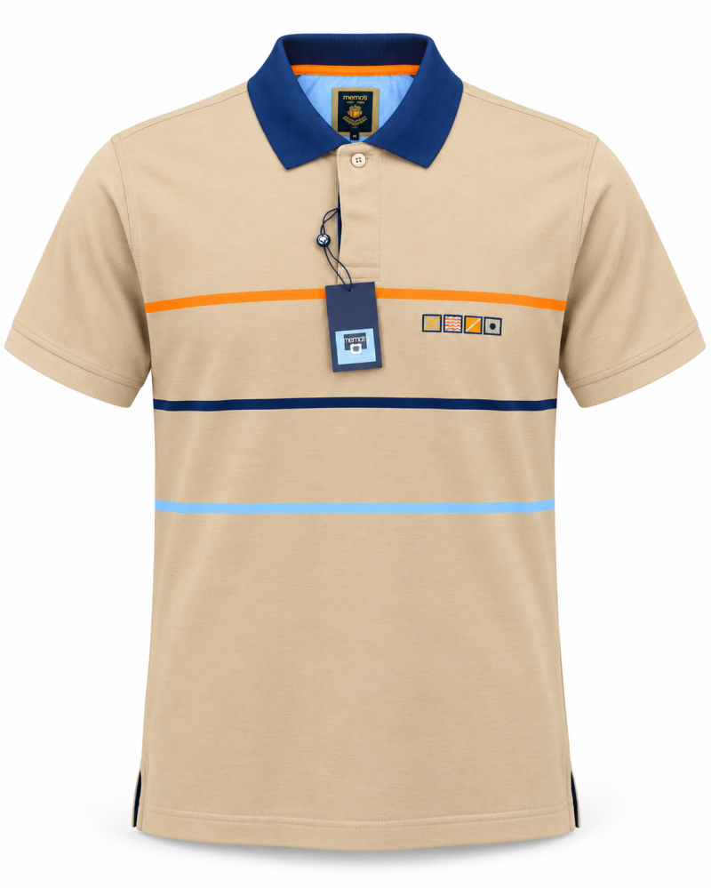 Memo’s Men’s Beige Striped Polo Shirt with Navy Collar